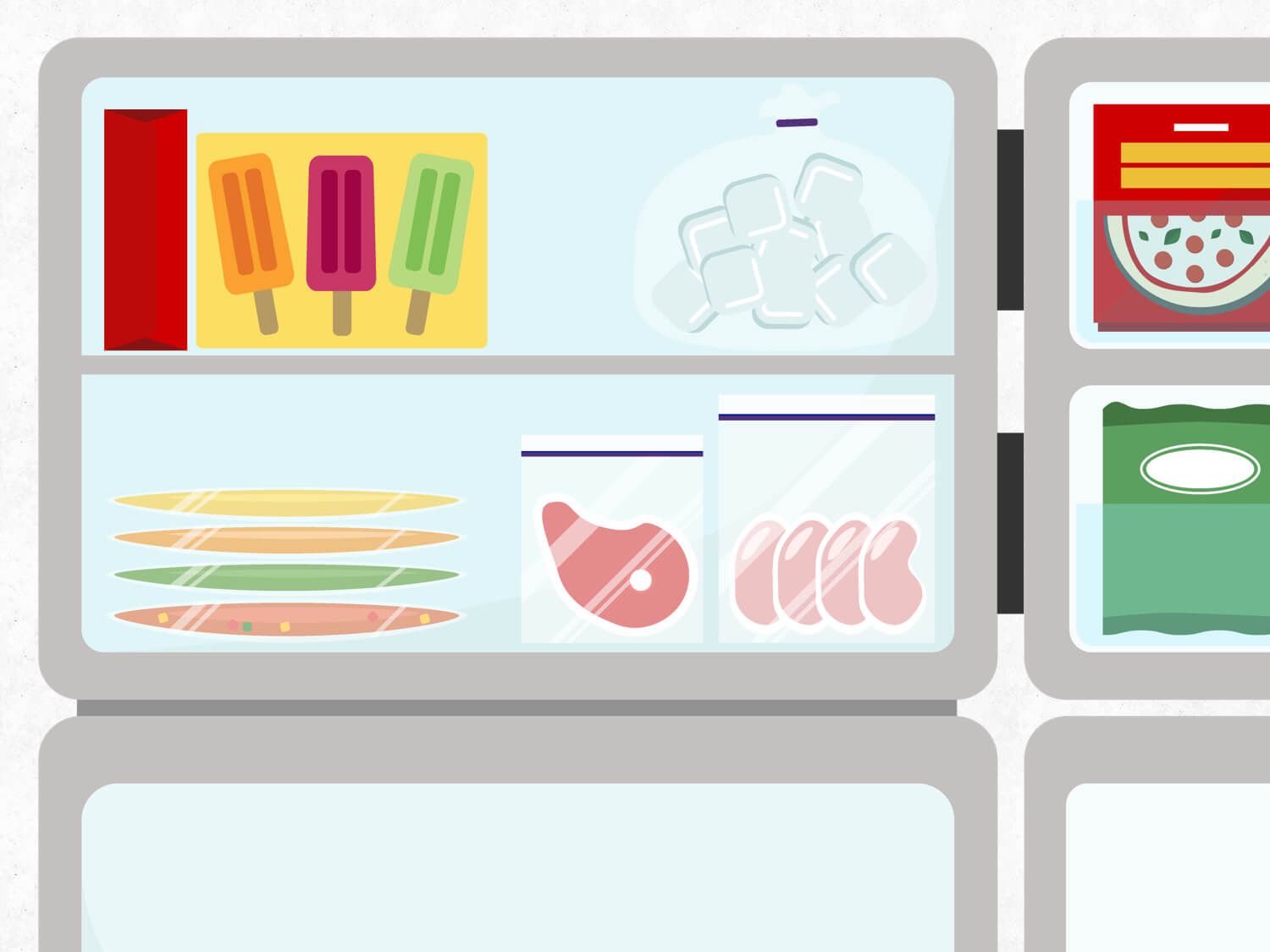 冰箱中冷冻架的图形插图，放置冷冻肉类，袋装扁平冷冻食品，冰棍和包装食品