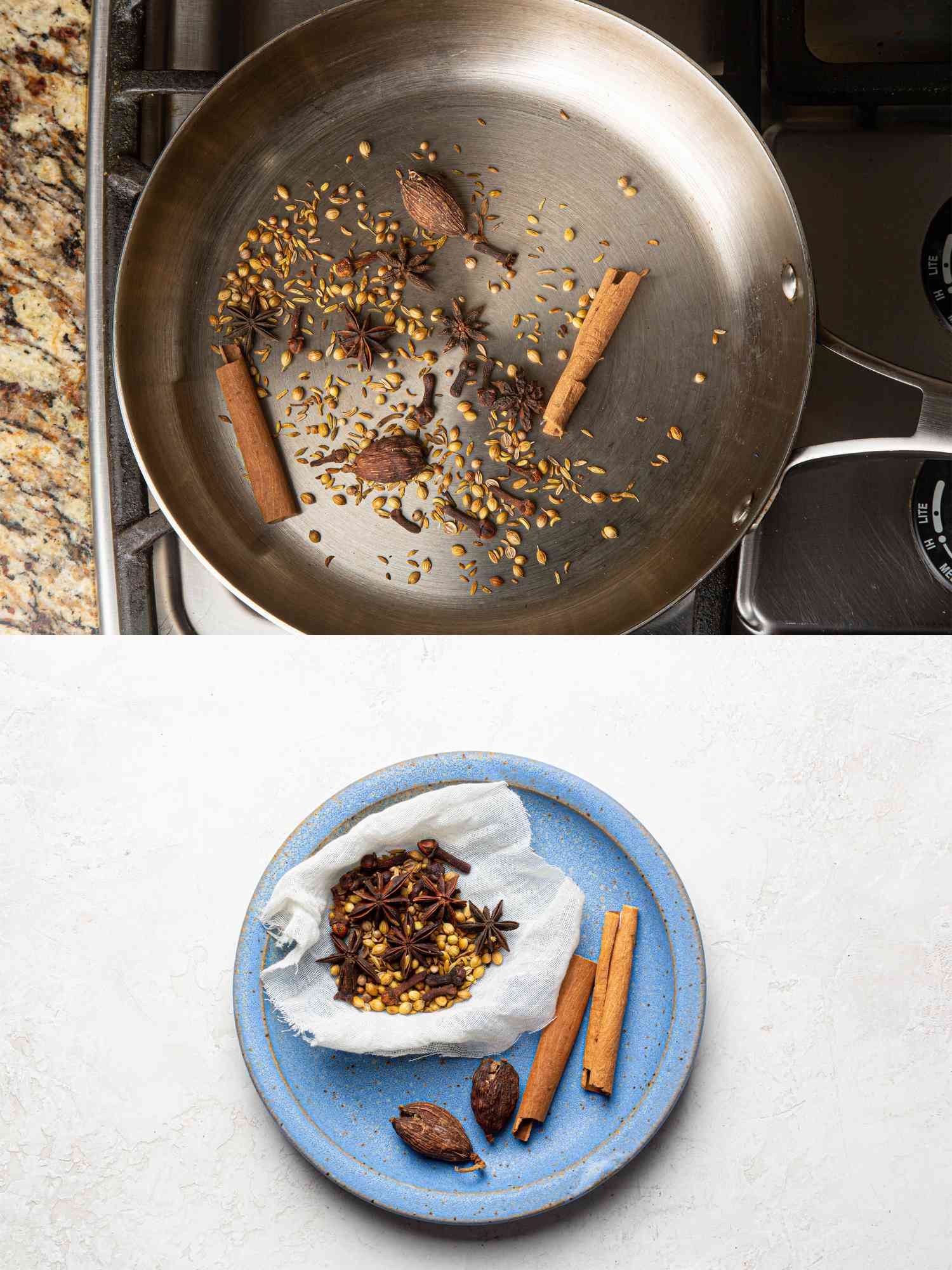 Two image collage of spices being tossed in a skillet and then wrapped in cheesecloth