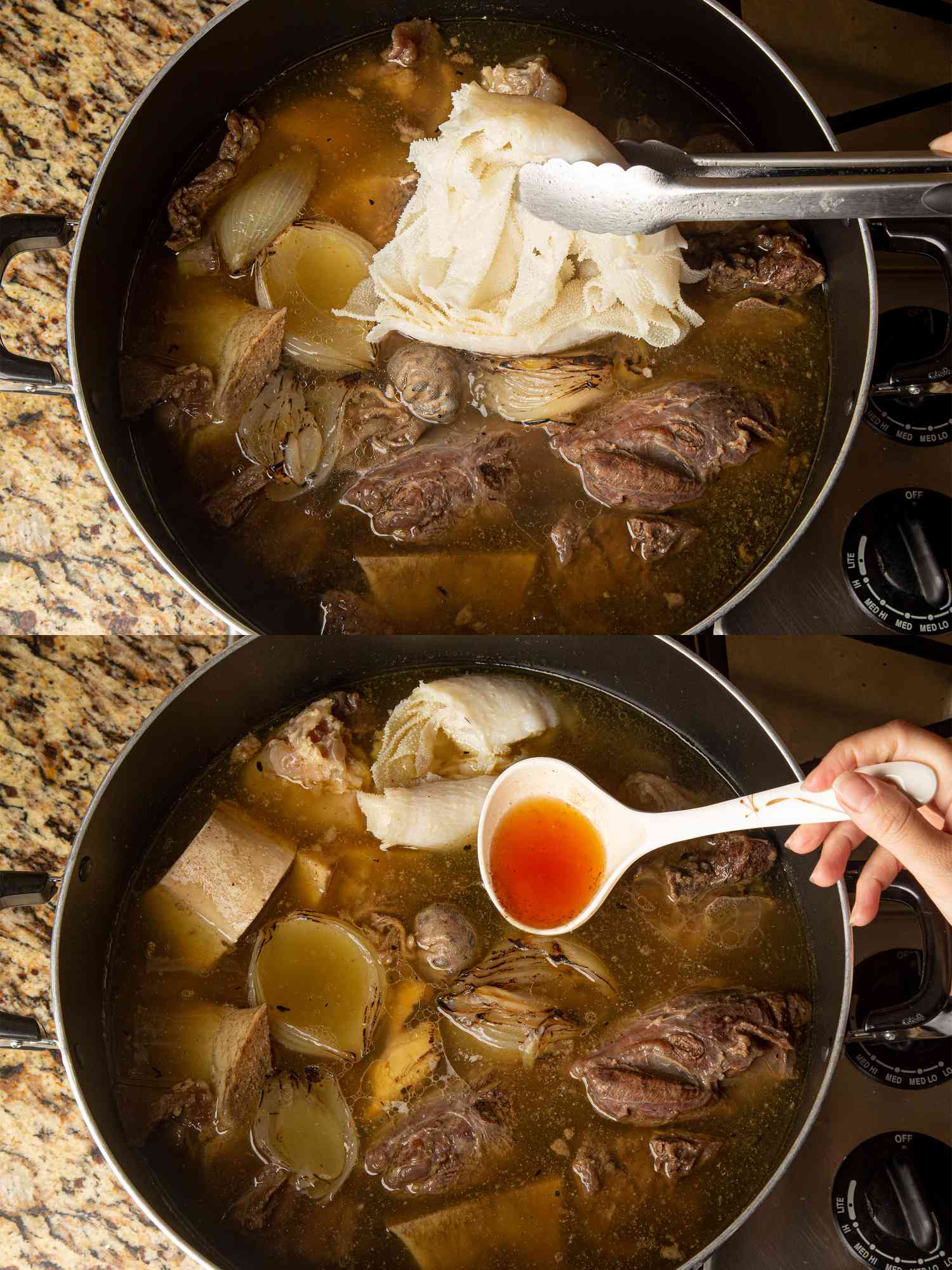 Two image collage of tripe and fish sauce being added to pot