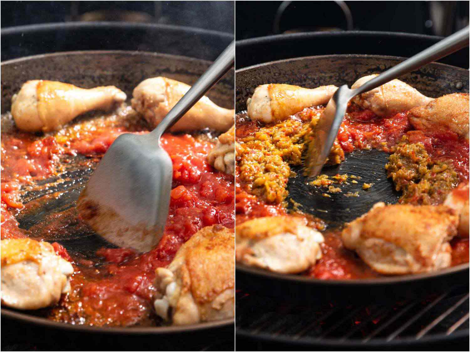 一个金属刮刀刮着海鲜饭锅的底部，里面有棕色的鸡肉块，西红柿泥，和sofrito。gydF4y2Ba
