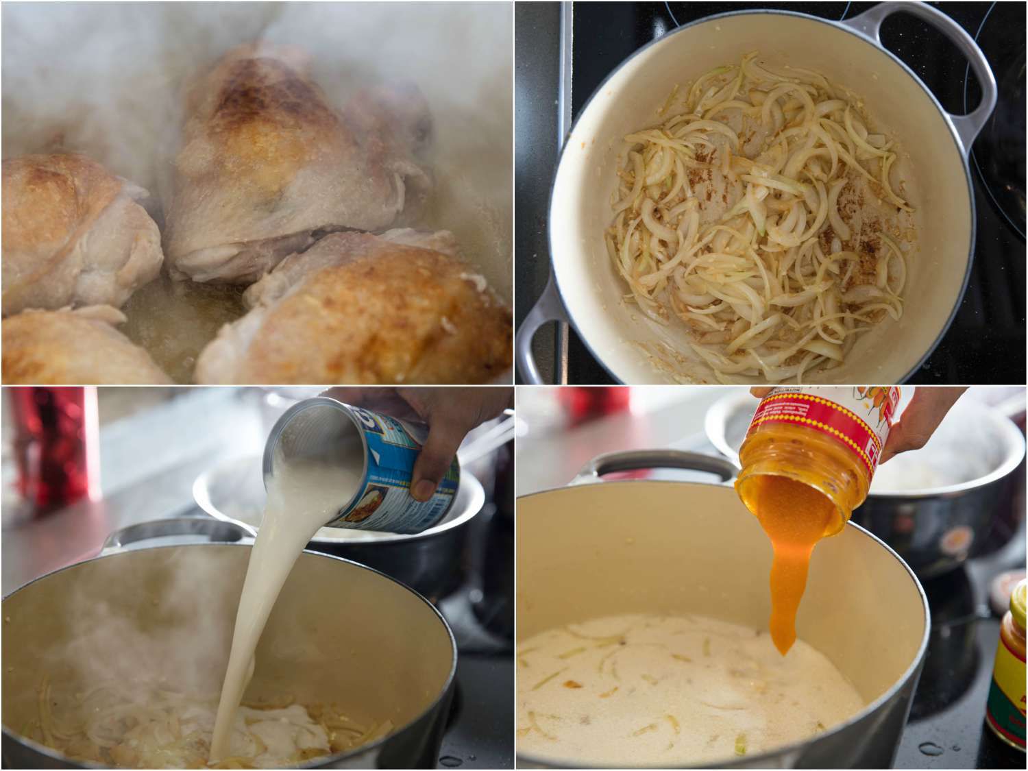拼贴画:把鸡腿肉煎成褐色，洋葱冒汗，往荷兰烤箱里加入椰奶和阿吉阿马里洛酱。gydF4y2Ba