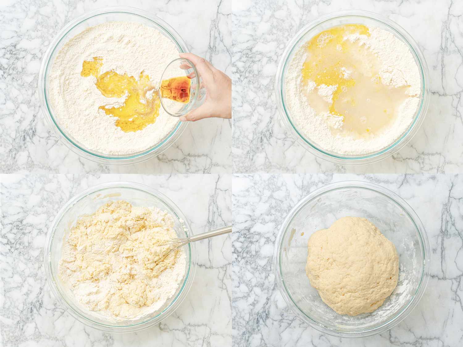 四个图像拼贴添加香草、鸡蛋、水和形成成一个生面团