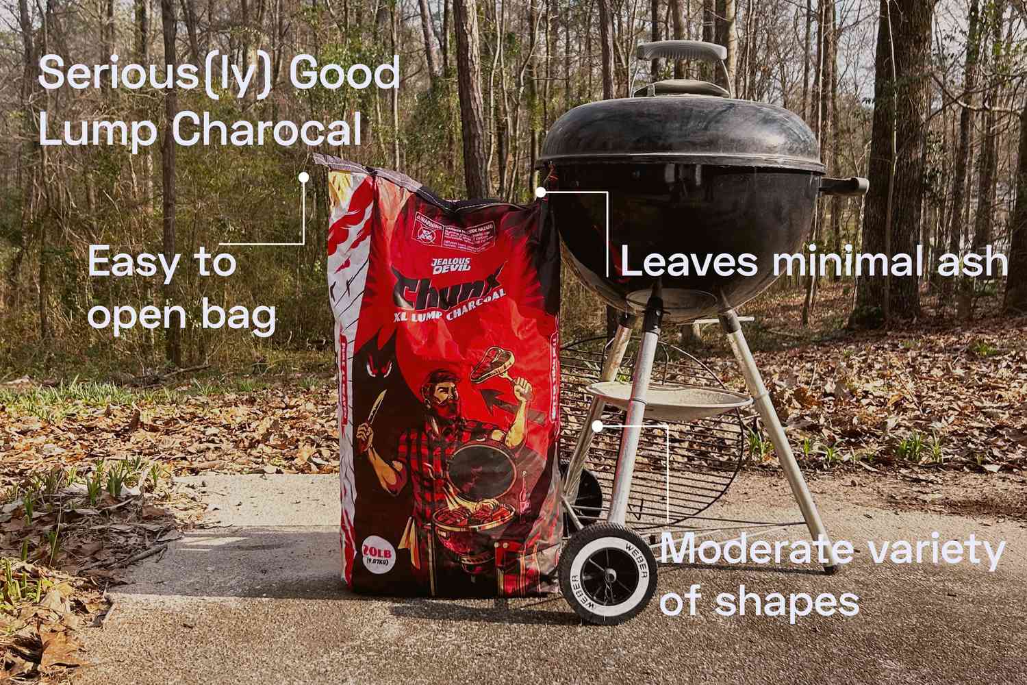 a charcoal grill with a bag of lump charcoal beside it