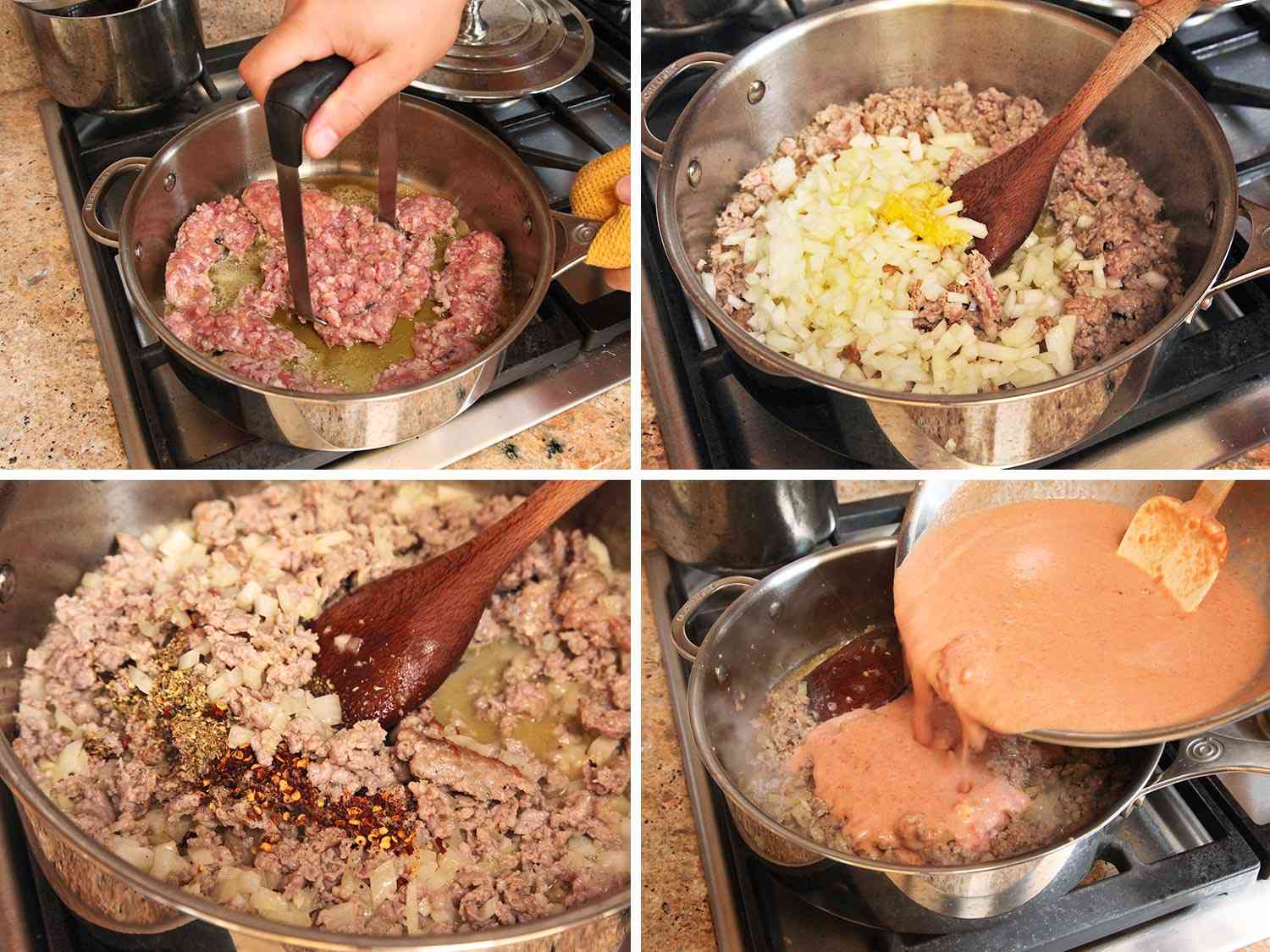 制作炉顶意大利面的拼贴画:在平底锅里把香肠煎成褐色并捣碎，在锅里加入洋葱、大蒜、红辣椒片、干牛至和番茄酱。到