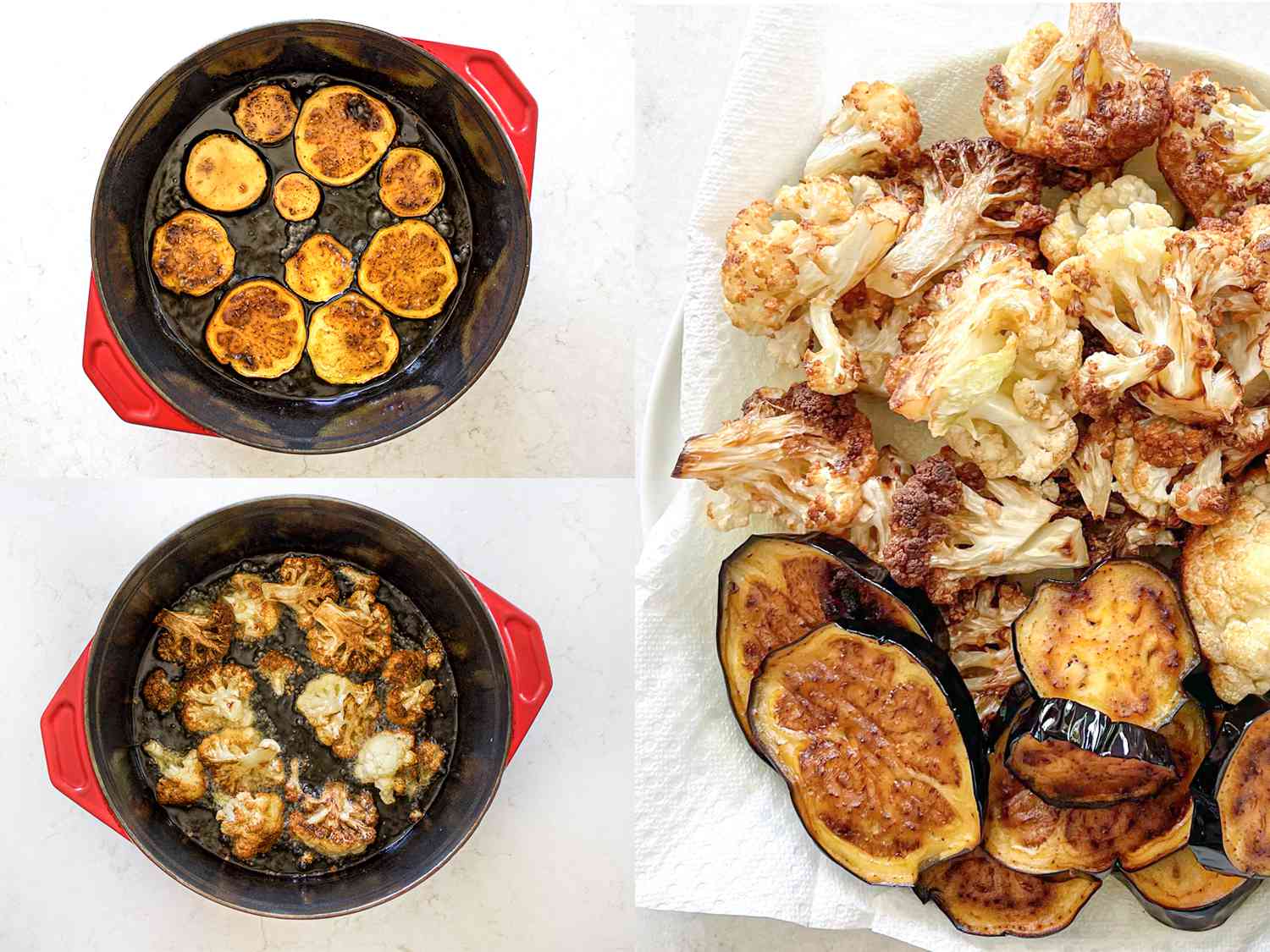 三个图像拼贴。左图:上图是在荷兰式烤箱中煎茄子，下图是在荷兰式烤箱中煎花椰菜。右边是煎茄子和花椰菜的垂直图像，放在纸巾衬里的床单上