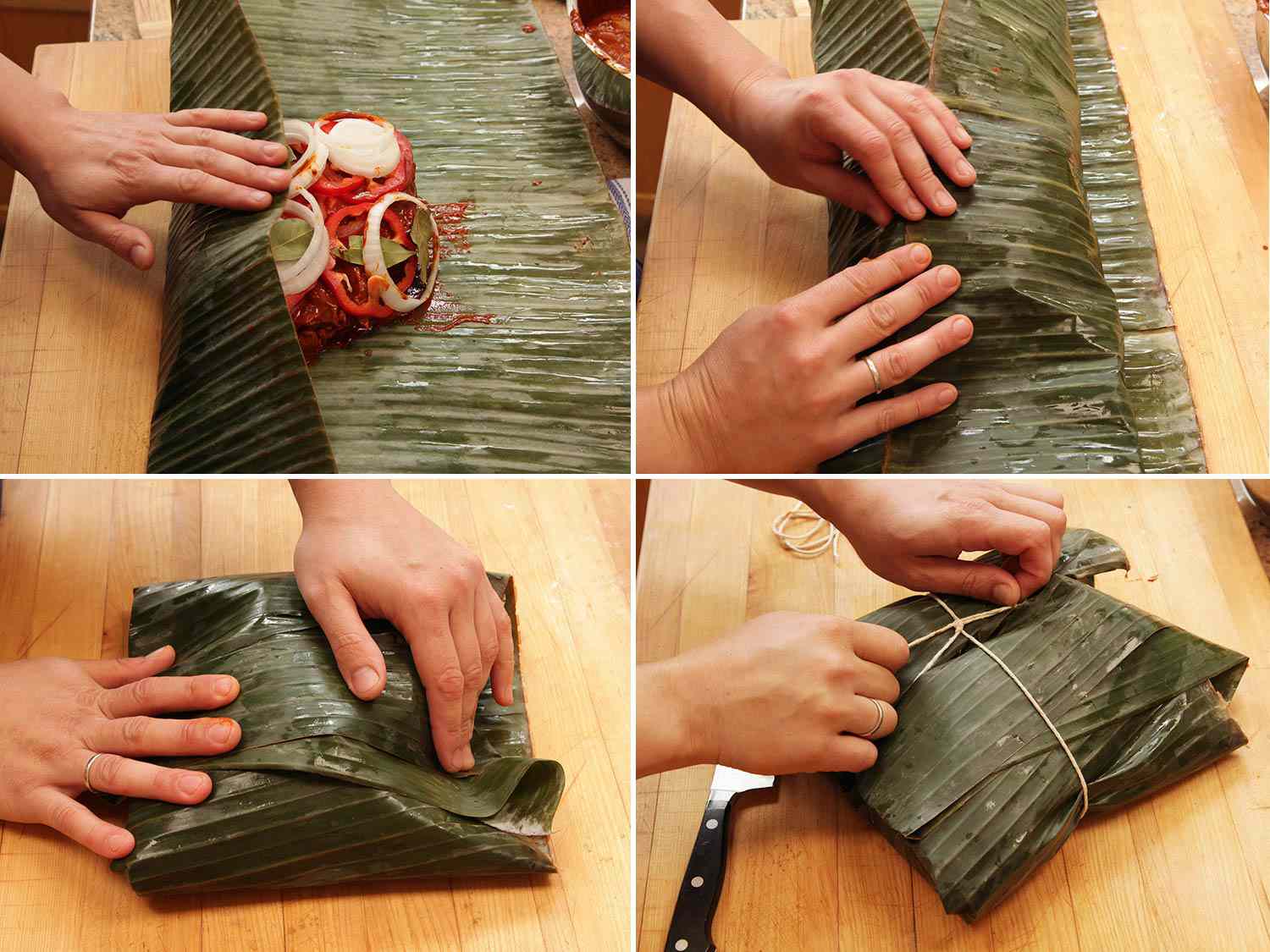 Wrapping pork shoulder inside banana leaves.