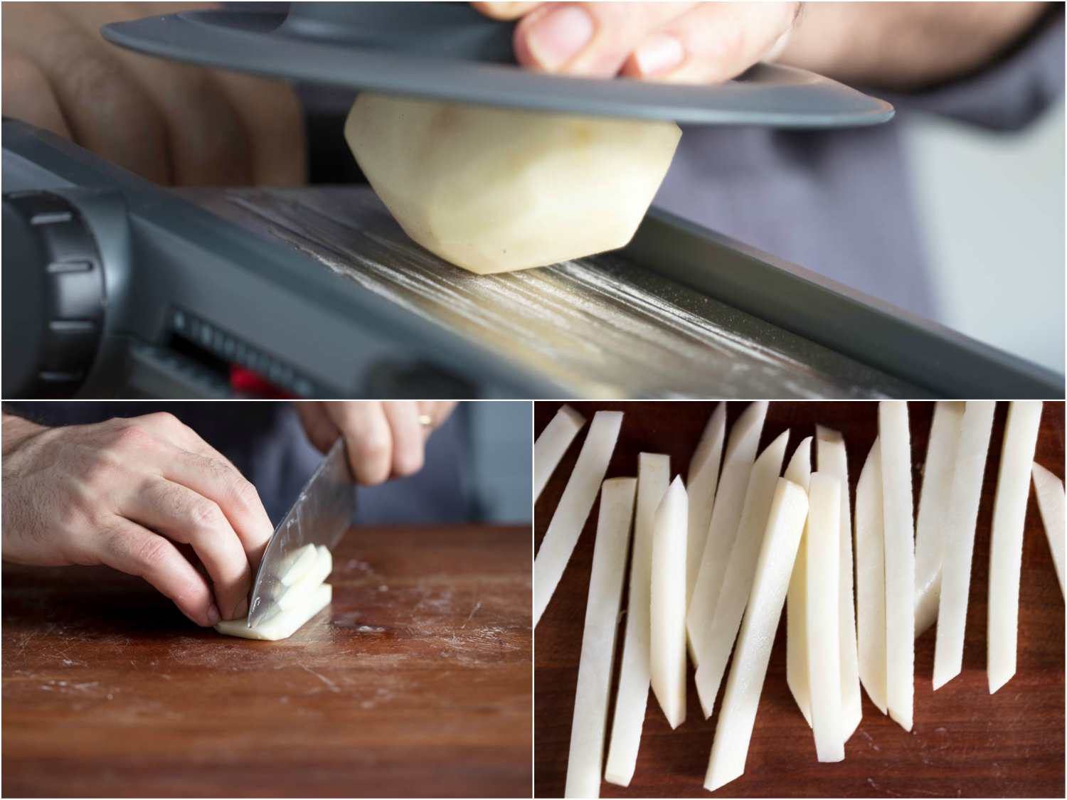 处理用基本的切片机和刀切炸薯条土豆条的照片:在切片机上切均匀的土豆条，用刀把土豆条切成条，成品条
