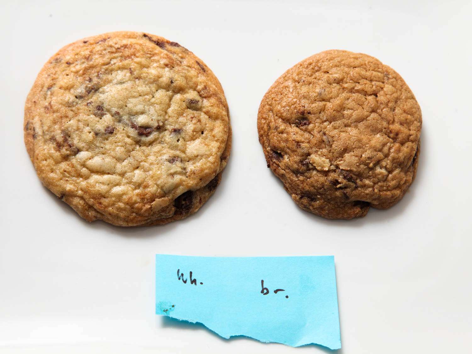 左图是用砂糖制作的巧克力饼干(左)，右图是用红糖制作的巧克力饼干(右)。gydF4y2Ba