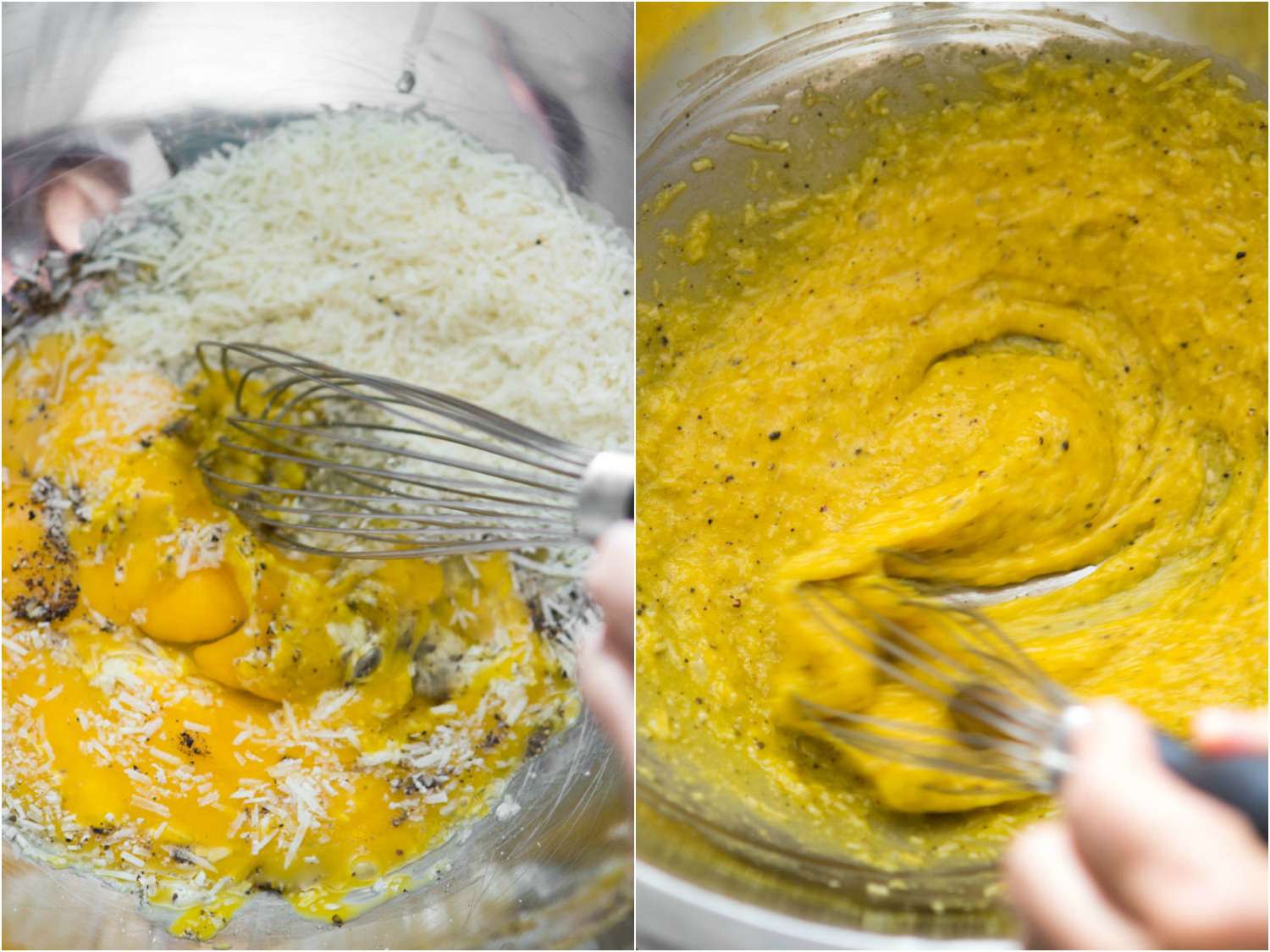照片拼贴显示搅拌蛋黄、辣椒和奶酪一起大碗面条的第一。gydF4y2Ba