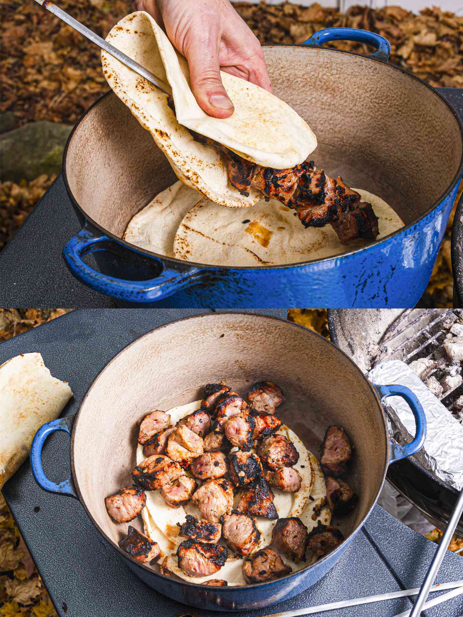 两个图像拼贴使用皮塔饼去除肉串和头顶的观点肉在锅