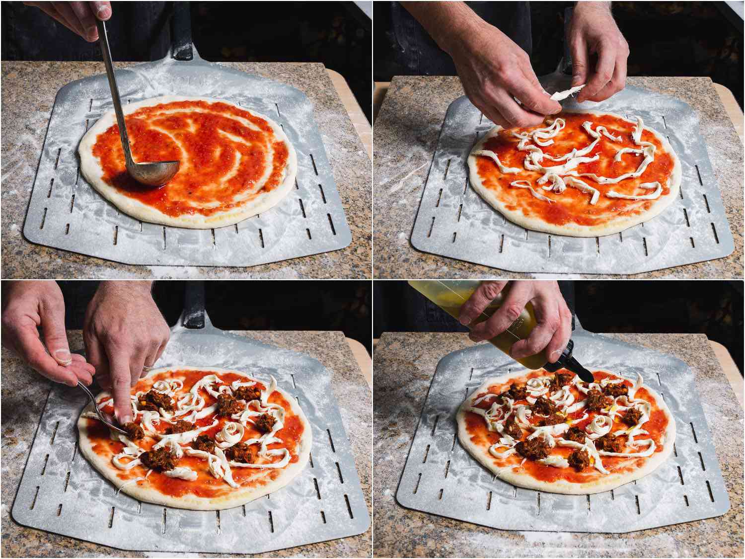 拼贴画显示亚美尼亚披萨的顶部有番茄酱，亚美尼亚串奶酪，羊肉香肠和橄榄油