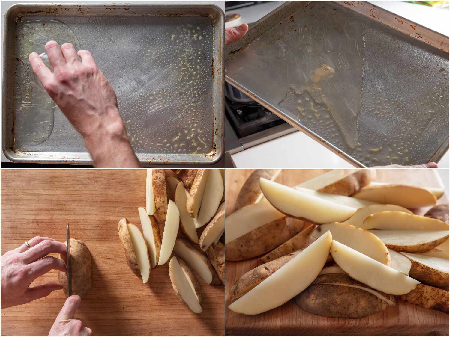 在烤盘上放油，把土豆切成楔形
