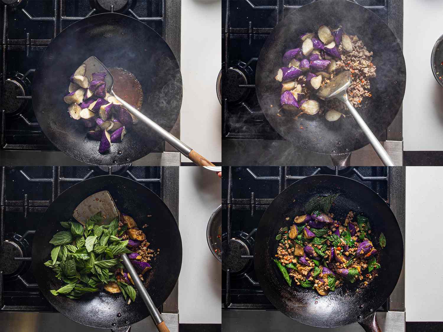 四图拼贴:茄子下锅，猪肉和茄子在锅里搅拌，罗勒下锅，俯视图炒锅中炒好。