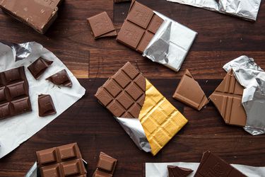 Overhead shot of various types of chocolate used for baking