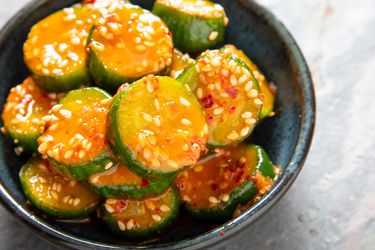 a small bowl of Korean Marinated Cucumber Banchan