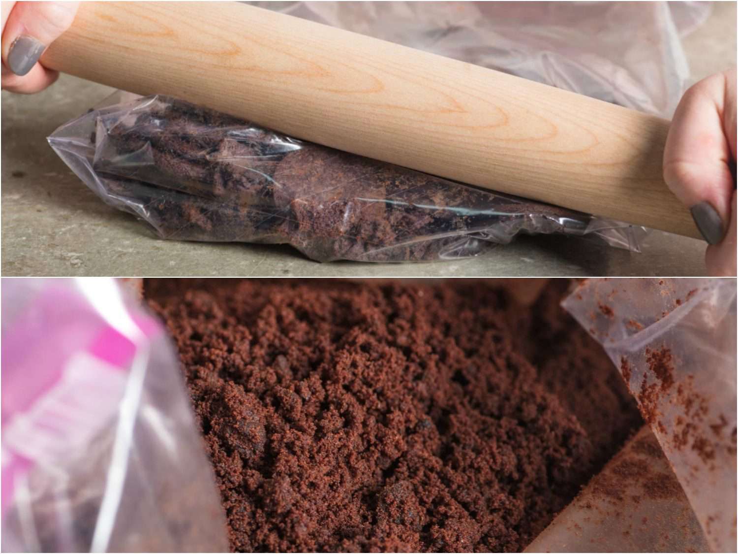 用擀面杖在有拉链的袋子里压碎巧克力华夫饼，做成饼干屑。gydF4y2Ba
