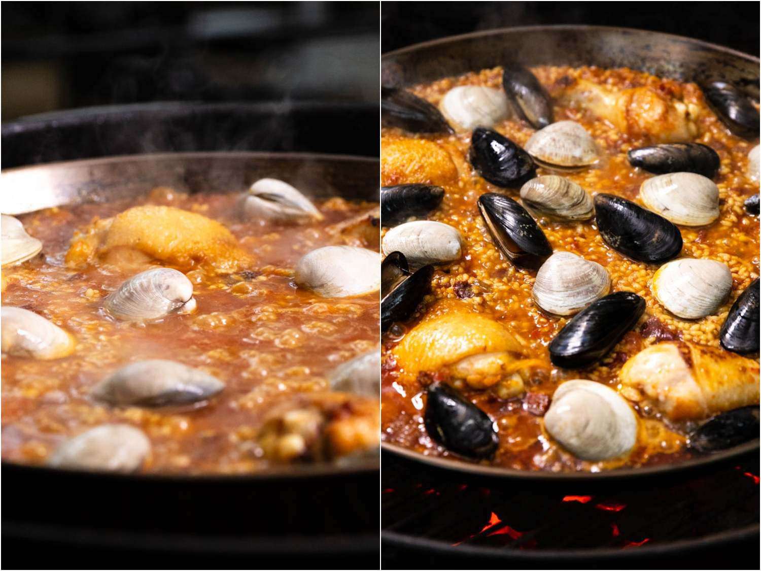 这两张拼贴的照片展示了鸡肉、蛤蜊和贻贝一起依偎在一个大海鲜饭里。gydF4y2Ba