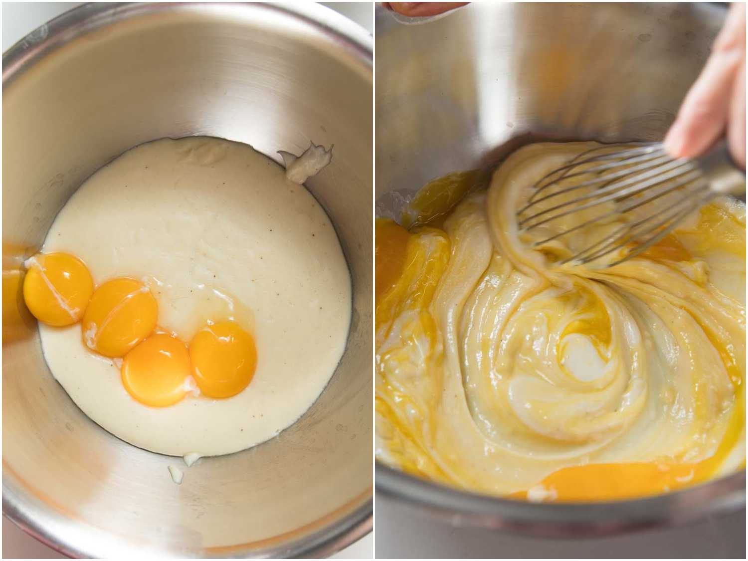 将蛋黄混合到béchamel底soufflé。gydF4y2Ba