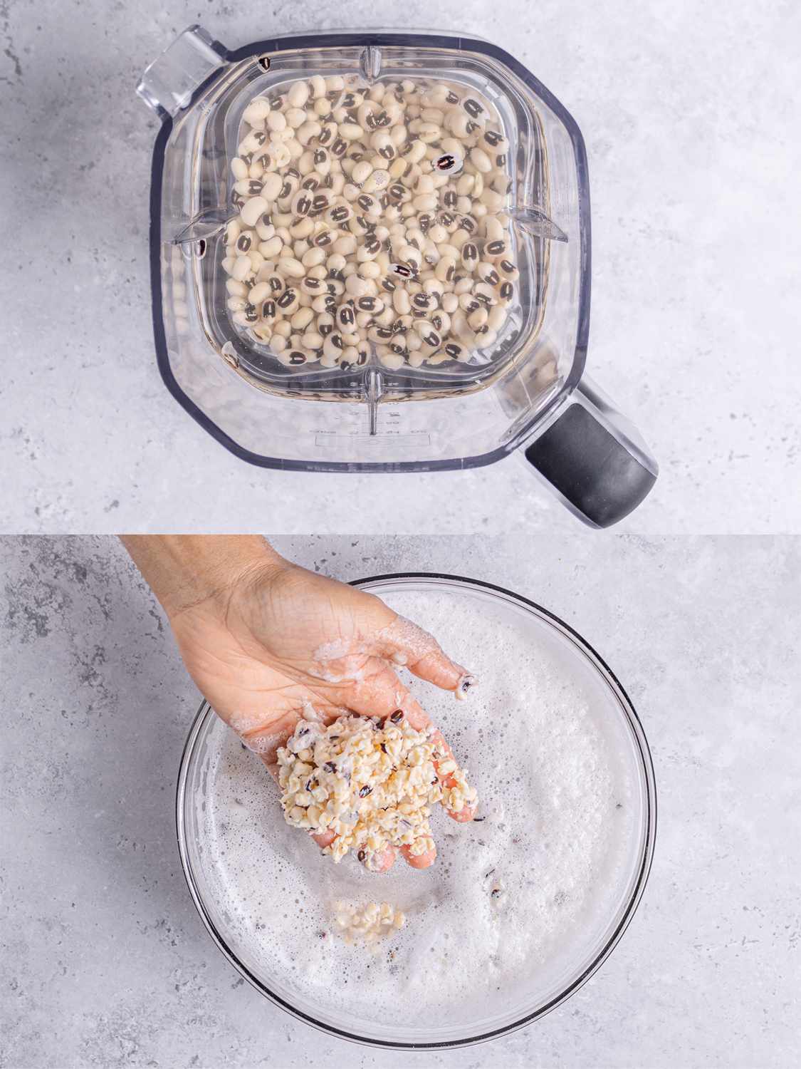 两个图像拼贴。上图:豌豆覆盖着水在搅拌机里。底部:一只手举起豌豆显示壳被移除