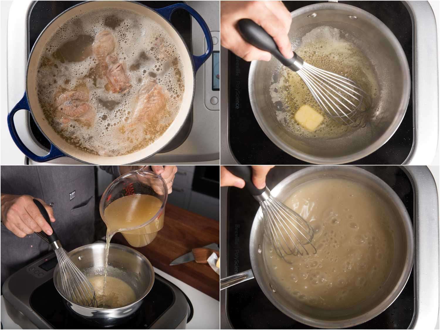 照片拼贴显示制作火鸡高汤，然后肉汁