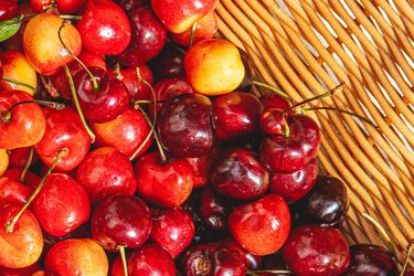 Overhead view of cherries in a basket