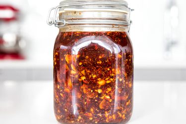 A jar of homemade chili crisp