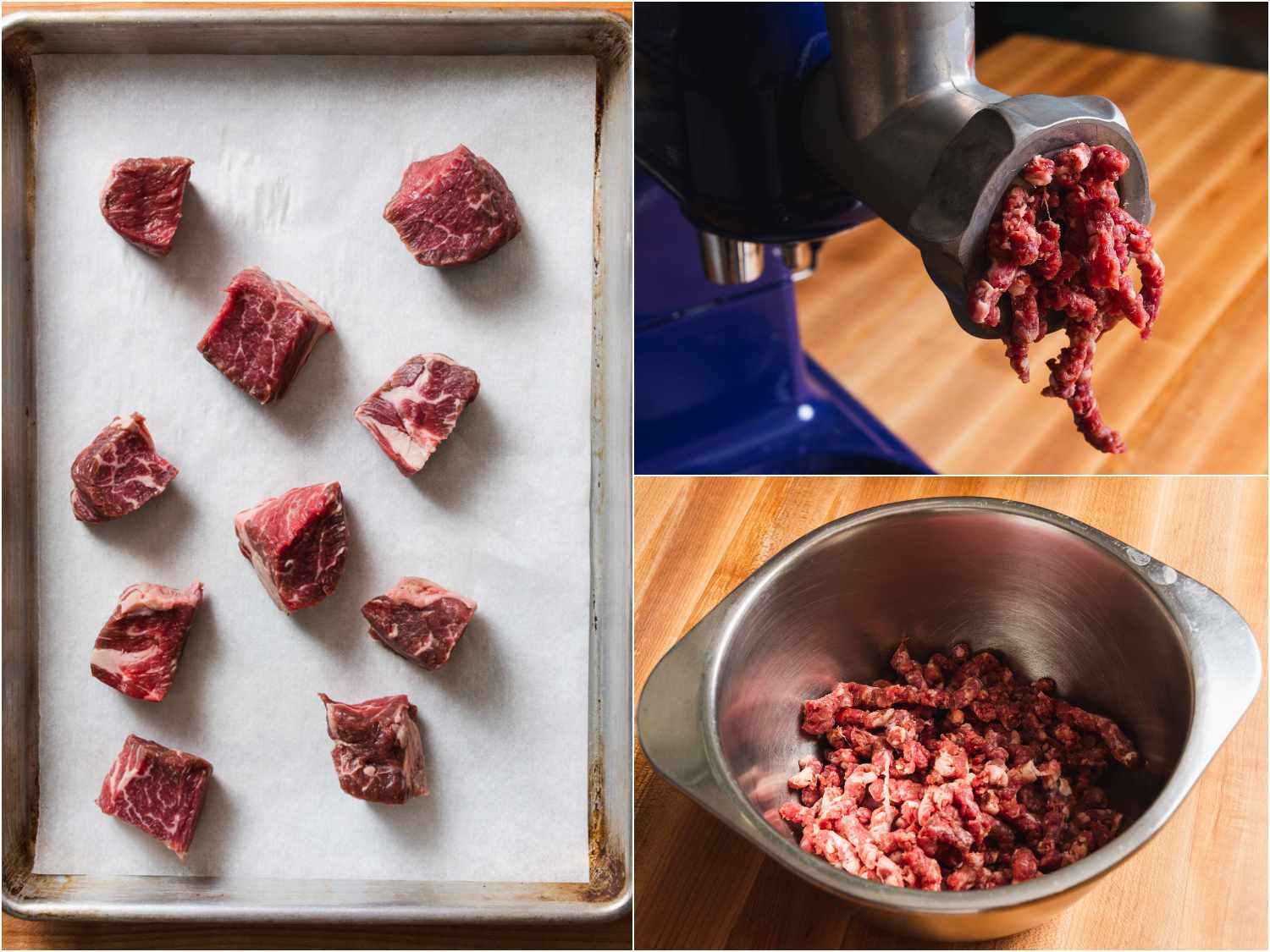 collage: chunks of beef on a baking sheet, cooled. beef going through grinder. ground beef in bowl