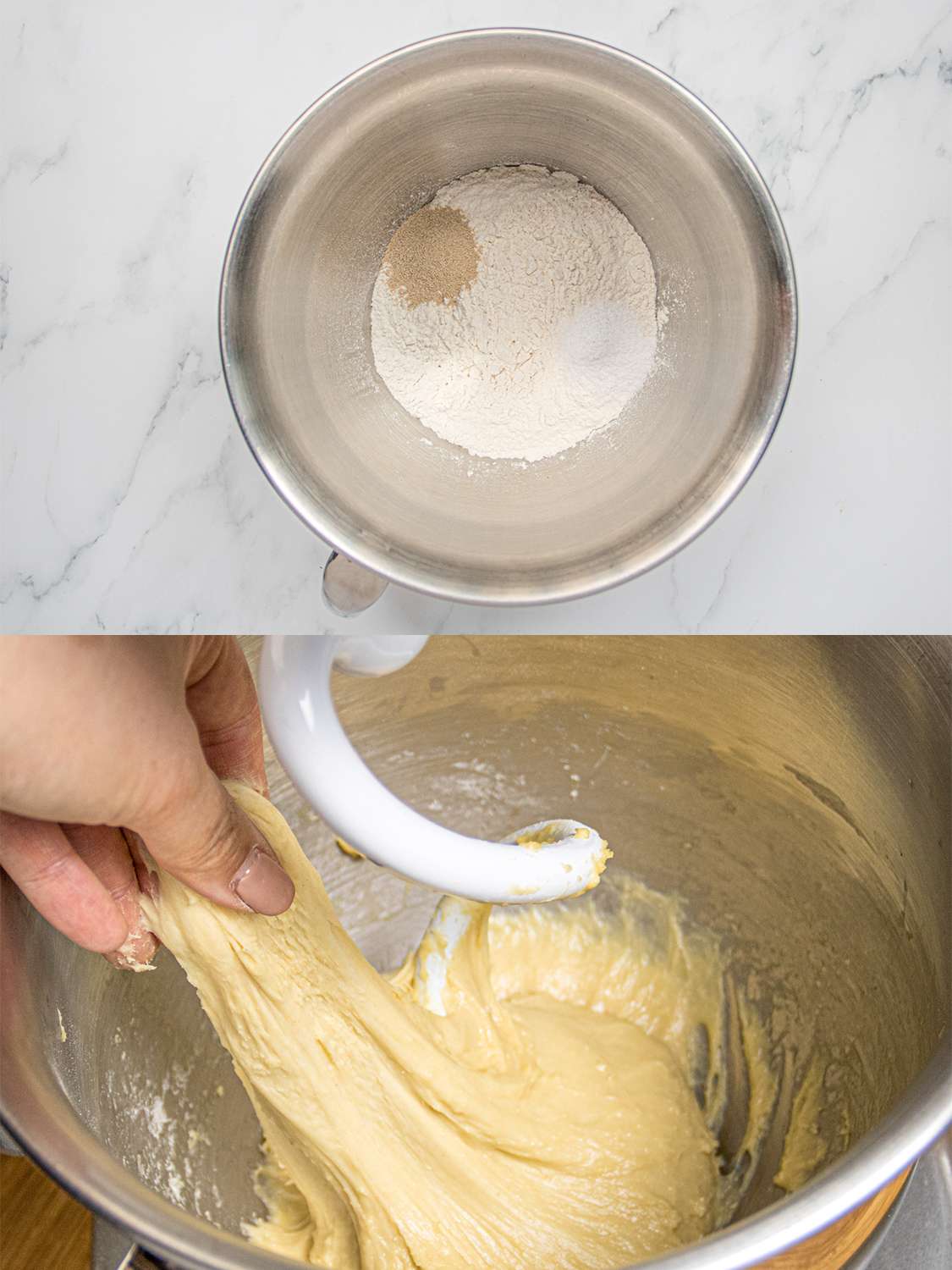 两个图像拼贴。上图:干brioc开云体育波胆h成分e dough. Bottom: Dough in stand mixer, with hand pulling a piece showing off elasticity