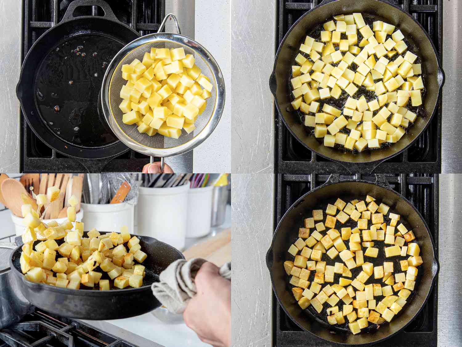 四个图像拼贴。左上:将煮熟的土豆放入铸铁煎锅中。右上:土豆在铸铁煎锅里煮。左下:像翻煎饼一样翻土豆。右下:在铸铁煎锅里煎成褐色的土豆。