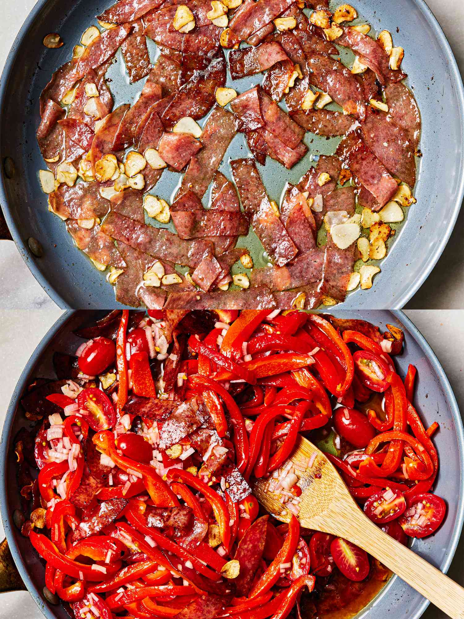 两个图像拼贴的肉和大蒜烹饪锅和tomato-pepper混合添加到它