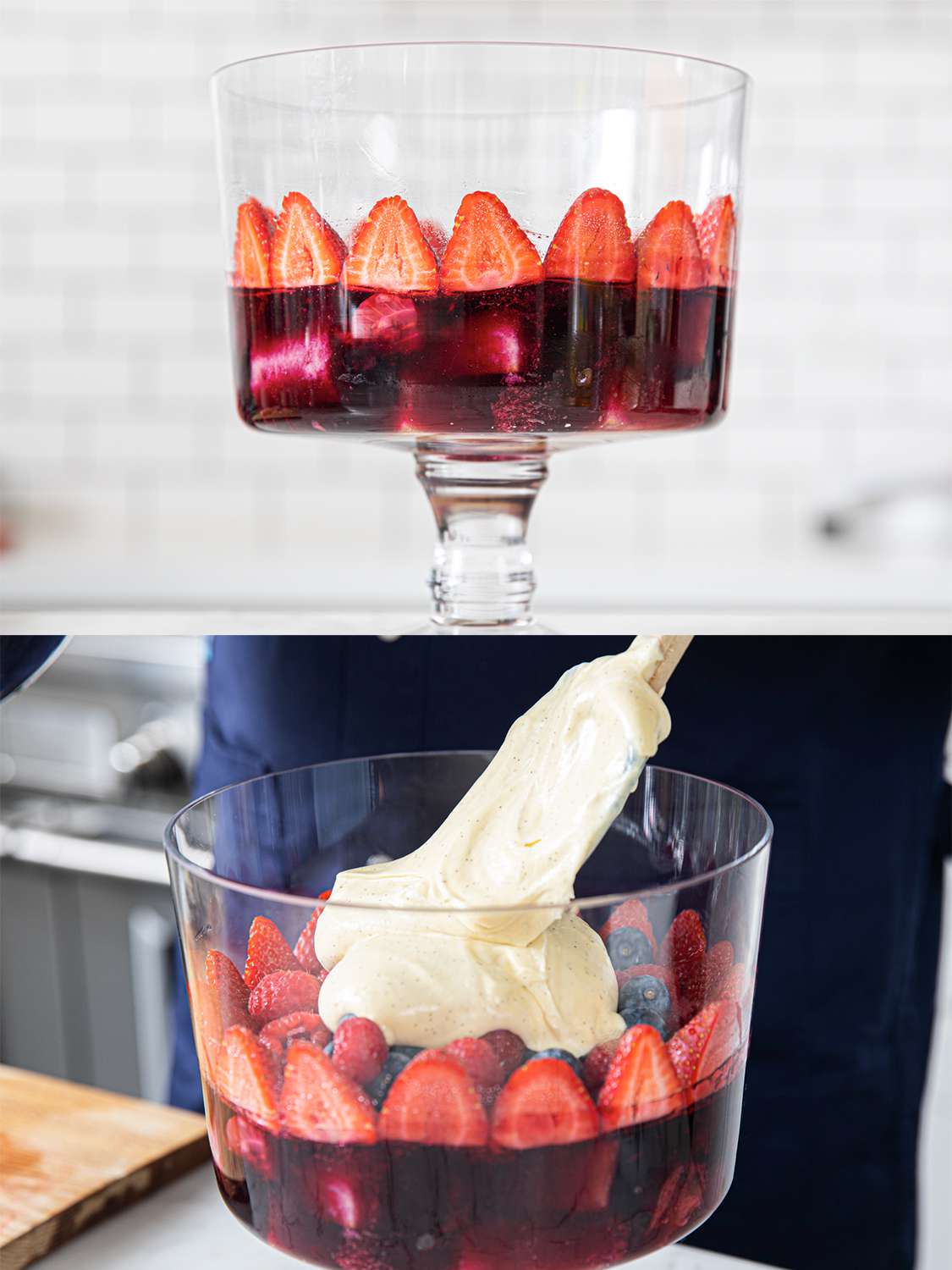 两个图像拼贴的小碗与新鲜的食物和奶油糕点被分层在水果。