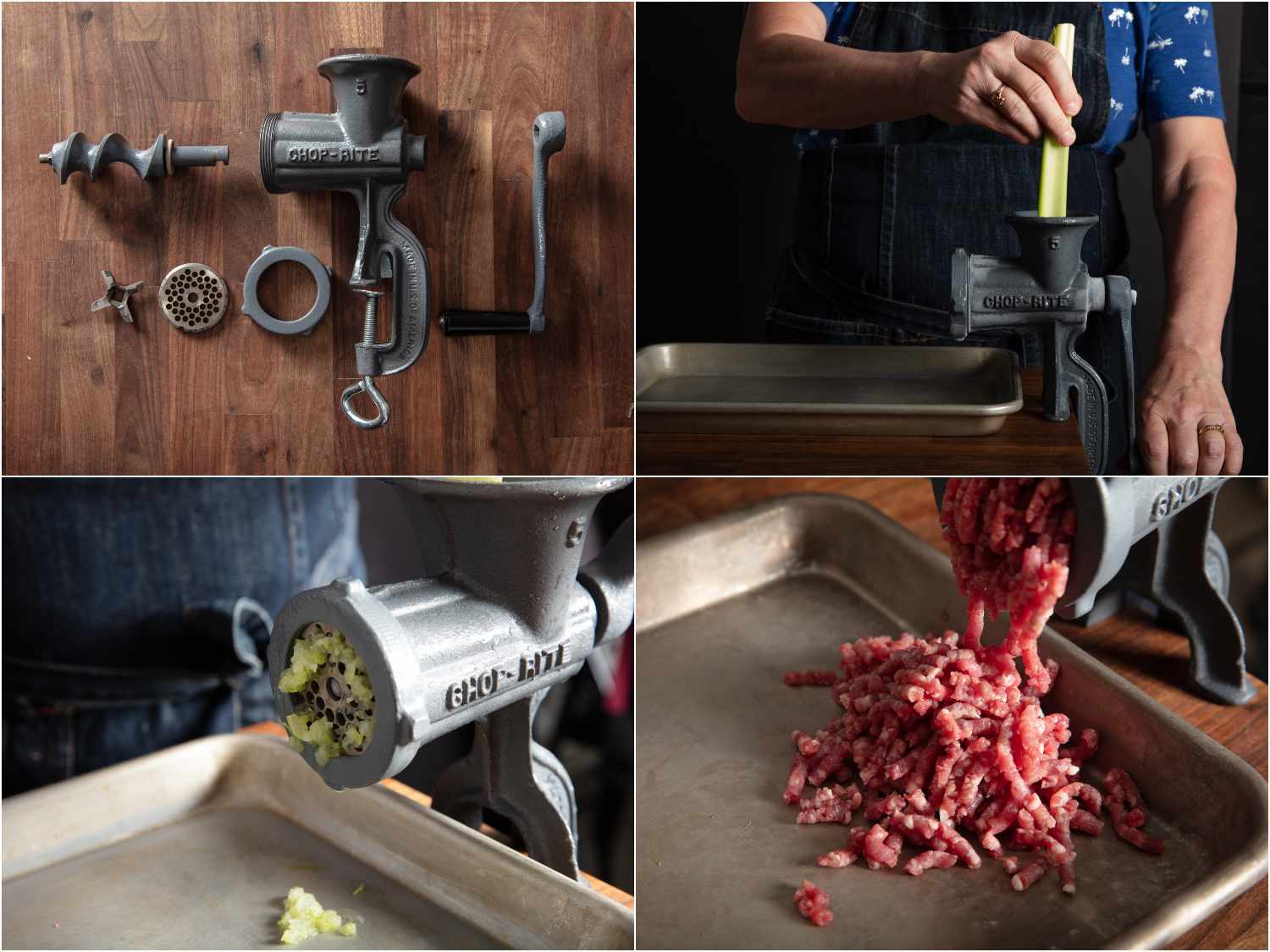 手动绞肉机特点:铸铁及金属部件;用曲柄把一片芹菜伸进去;芹菜被磨碎的特写镜头;牛肉