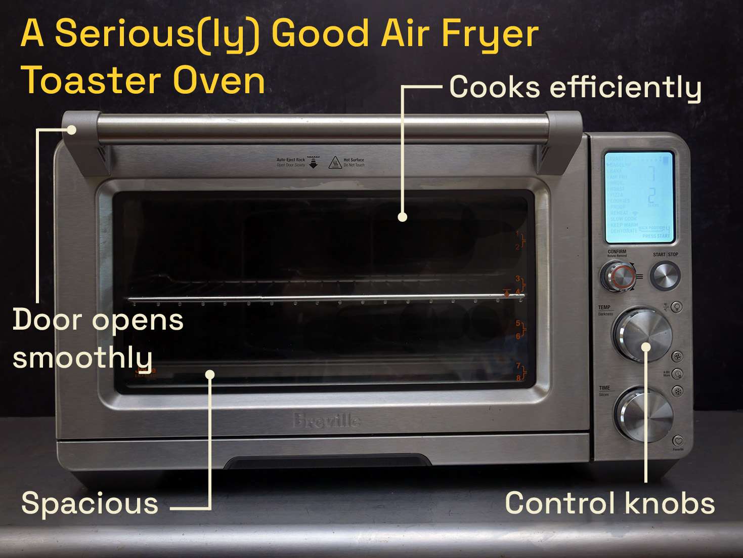 一个非常好的空气油炸烤面包机有一个门，打开平稳，控制旋钮，宽敞，烹饪效率高。