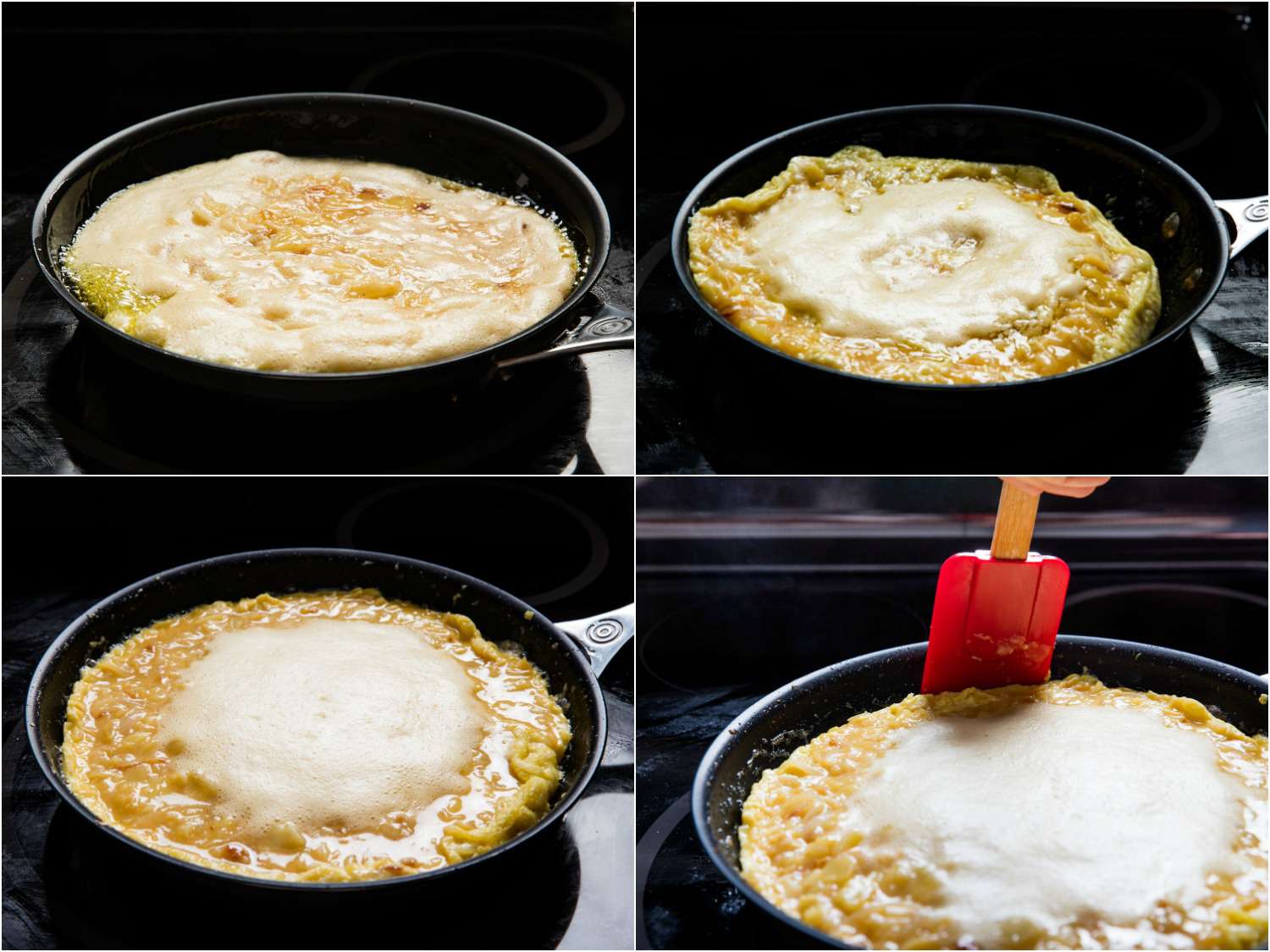 四张照片拼贴展示如何在煎锅中烹饪玉米饼española。鸡蛋中间有泡沫。厨师用抹刀把边缘弄松。gydF4y2Ba