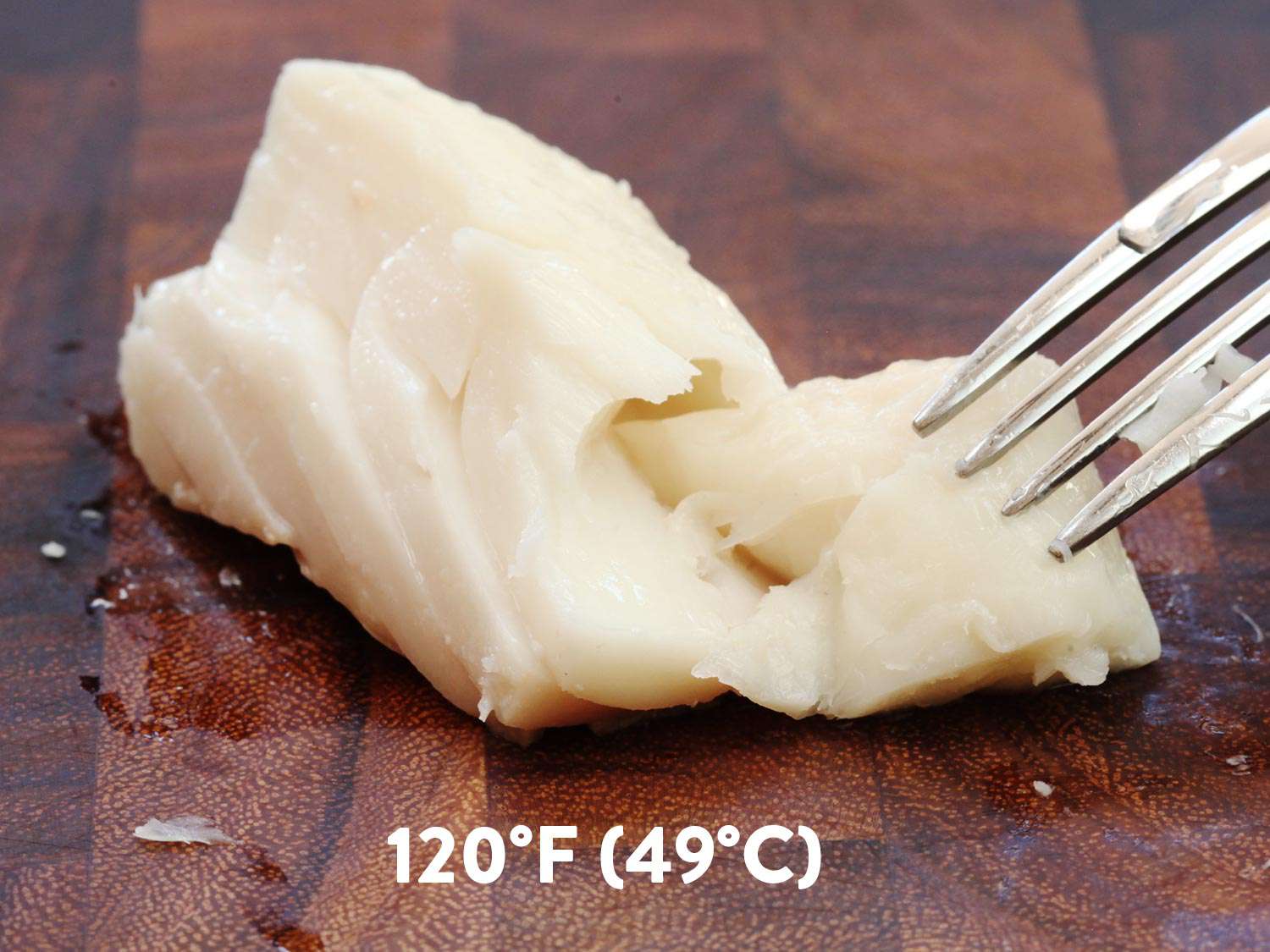 一块用真空技术烤到华氏120度的大比目鱼，用叉子把它切成薄片。gydF4y2Ba