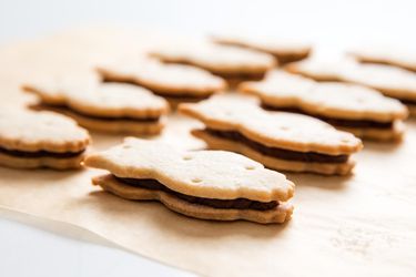 两行fudge-filled owl-shaped脆饼三明治饼干在羊皮纸上。