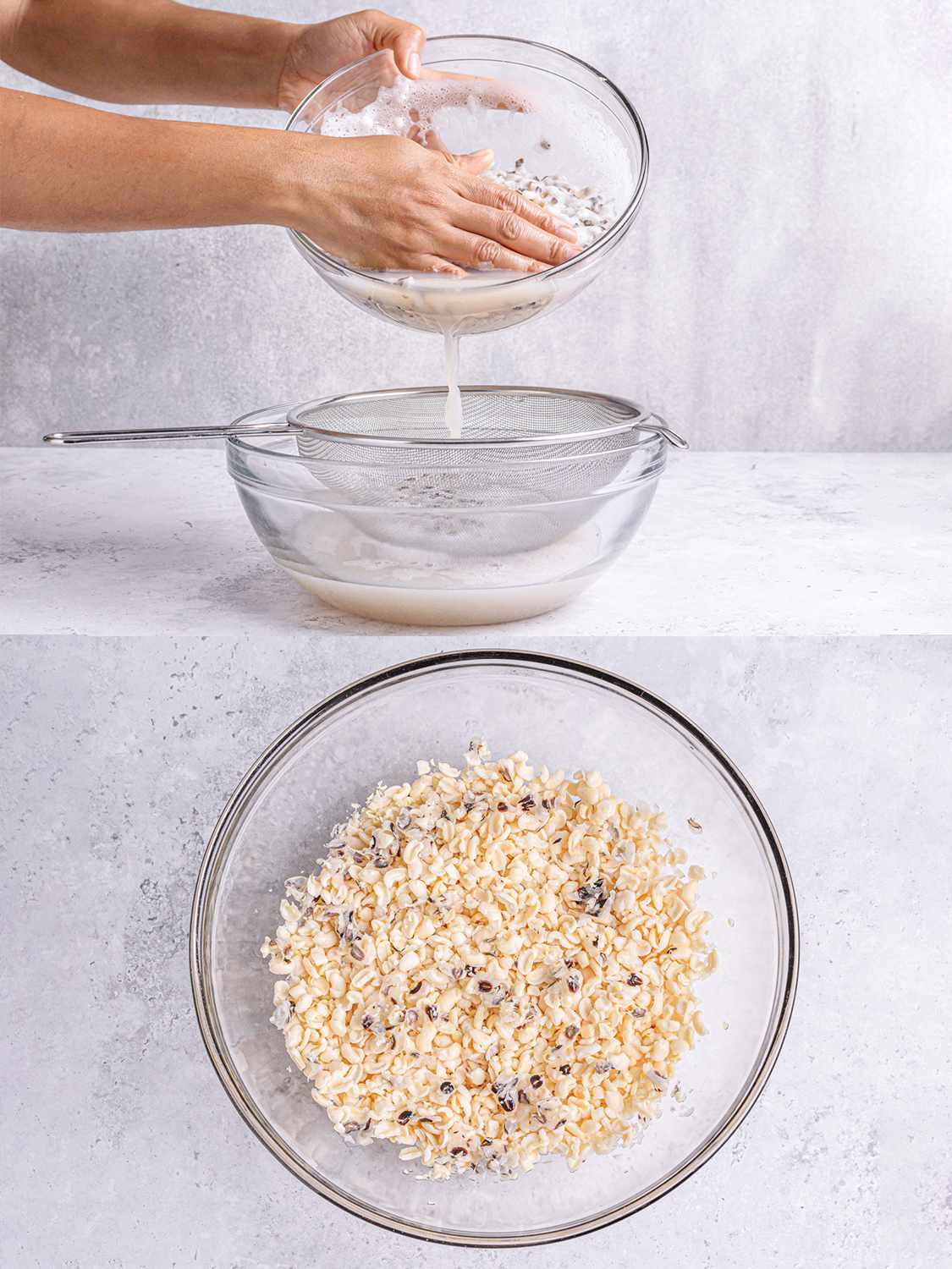 两个图像拼贴。:一只手压在一个玻璃碗豌豆品种的水和贝壳。玻璃碗底:紧张的豌豆