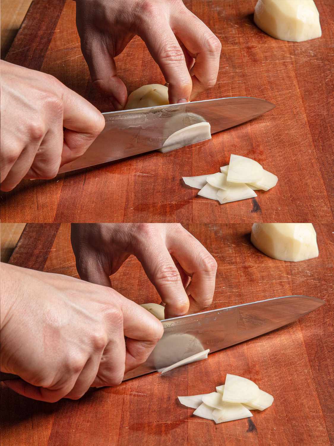 两幅拼贴图显示了推切土豆的步骤，刀向前滑动，切成薄片
