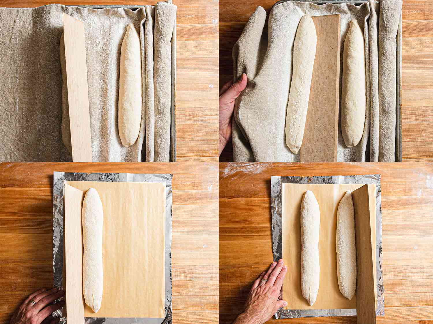 将面包从面包垫转移到烤面上和矫直面包的四幅图像拼贴