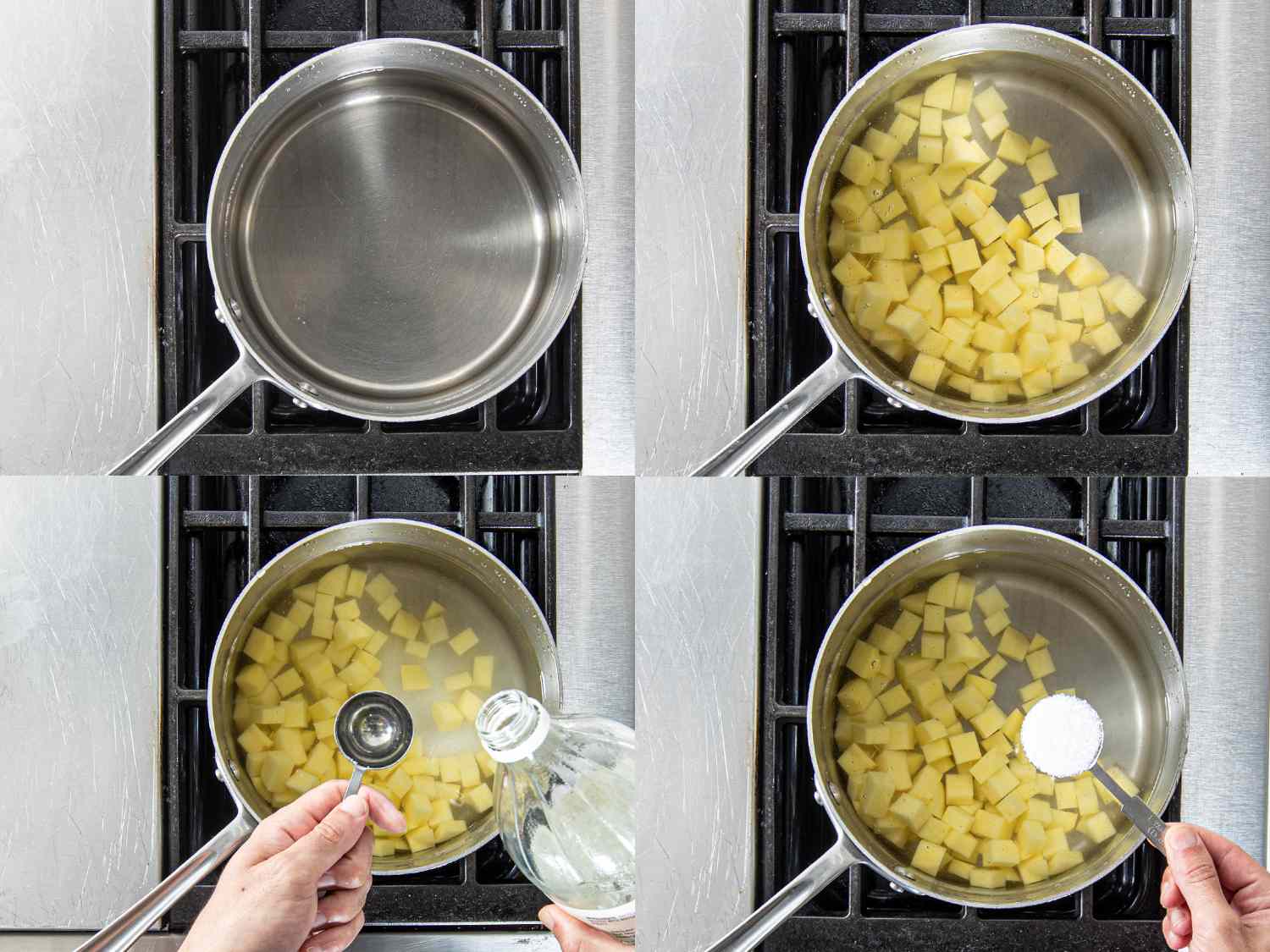 四幅图像拼贴。左上:炉子上有一壶水。右上:土豆加水加入锅中。左下:一锅土豆中加入醋。右下:往锅里加盐