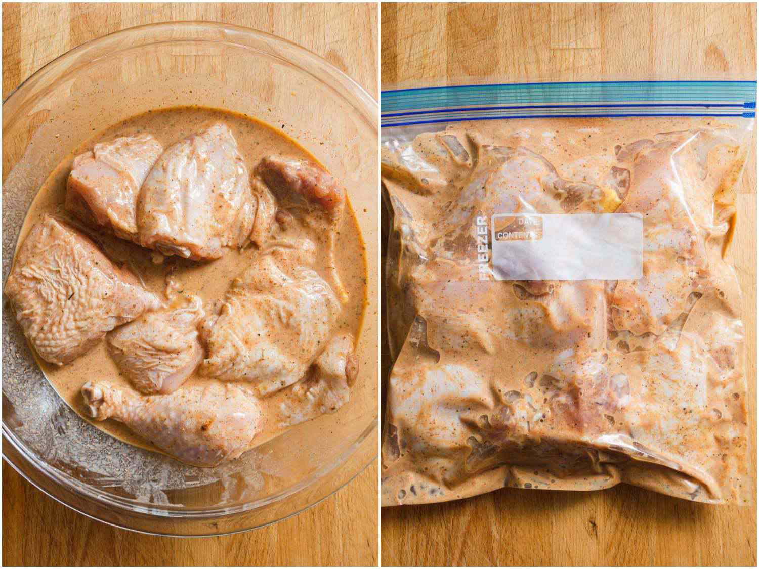 在经验丰富的脱脂乳盐水腌制鸡肉块拼贴。