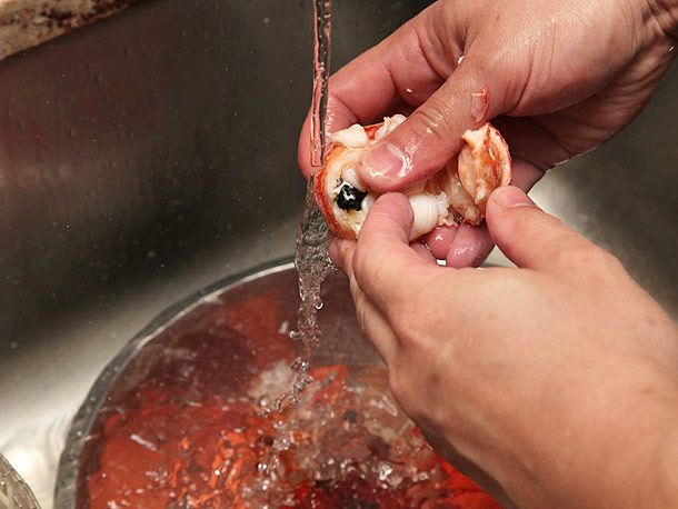 用自来水冲洗煮熟的龙虾的消化道