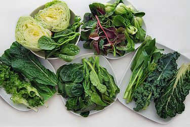 五个白色盘子里盛着各种各样的中国绿色蔬菜。
