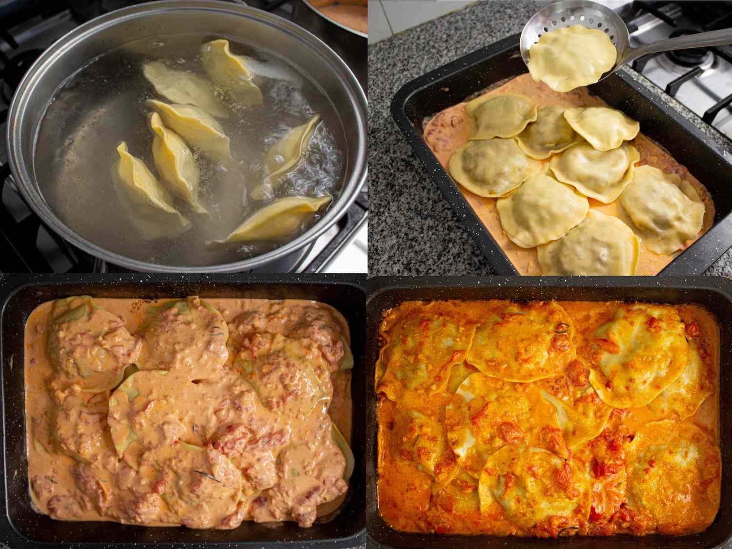 Four image collage of boiling, placing in casserole dish, and baking sorrentinos