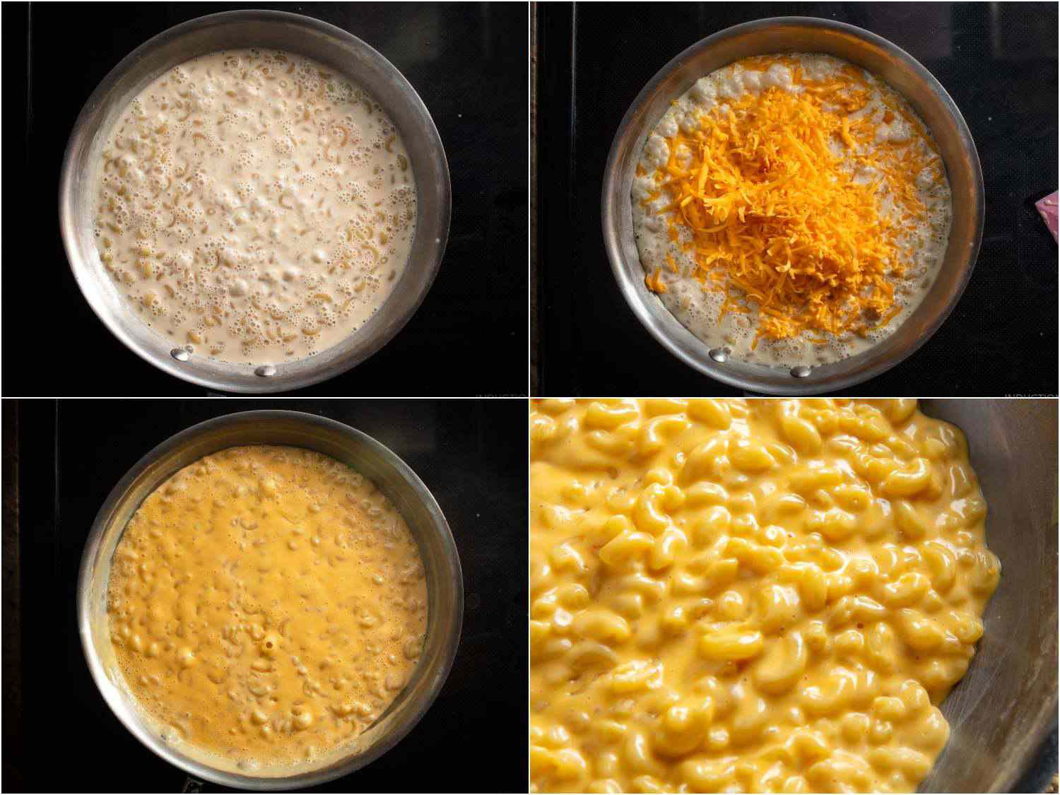 拼贴显示的步骤使3-ingredient mac和奶酪。炼乳是添加到煮熟的面条。第二张照片显示碎干酪添加到面条和牛奶。第三张照片奶酪融化的但尚未注册。第四张照片奶酪酱包络面。gydF4y2Ba