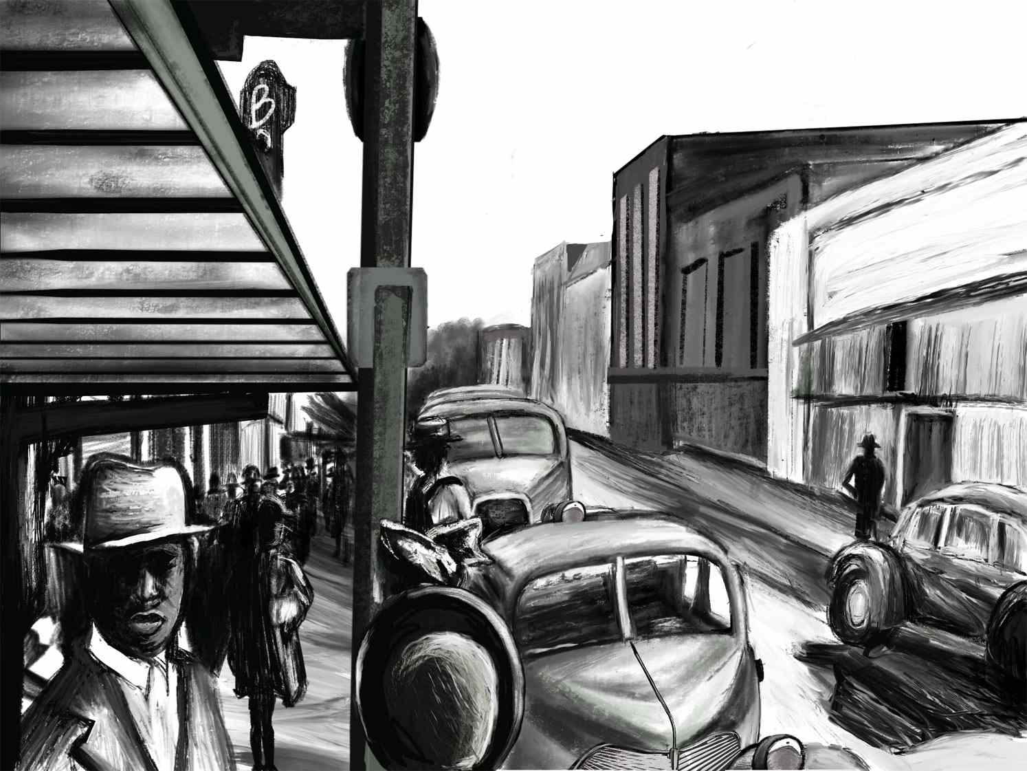 大约1947年，法里什街上行人和汽车的黑白插图