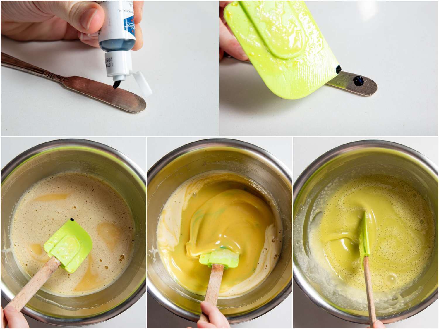 用抹刀在冰淇淋底中加入少量蓝色染料，以中和烤开心果的黄色基调。gydF4y2Ba