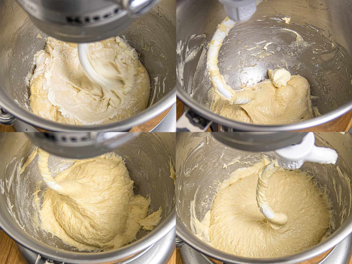 Four image collage of dough being mixed in a standmixer