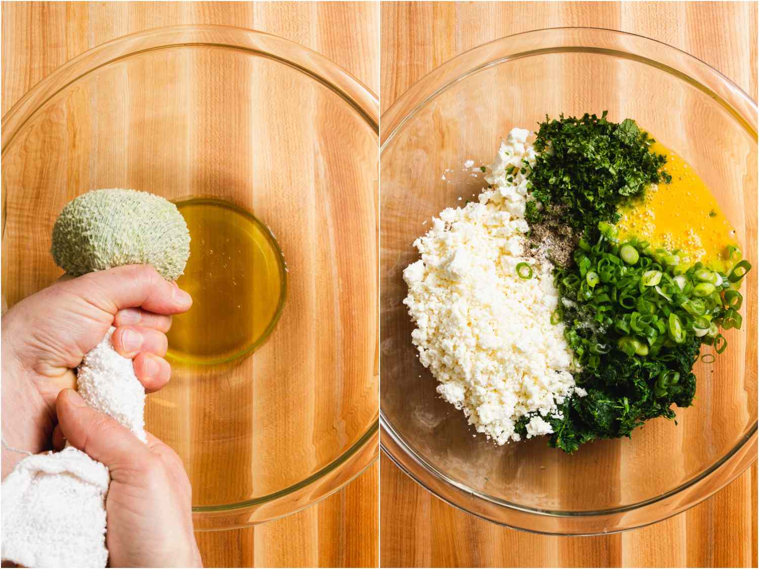 拼贴:用毛巾从煮熟的菠菜中挤出水分;另一个碗里装满了奶酪、鸡蛋、葱花和切碎的菠菜gydF4y2Ba