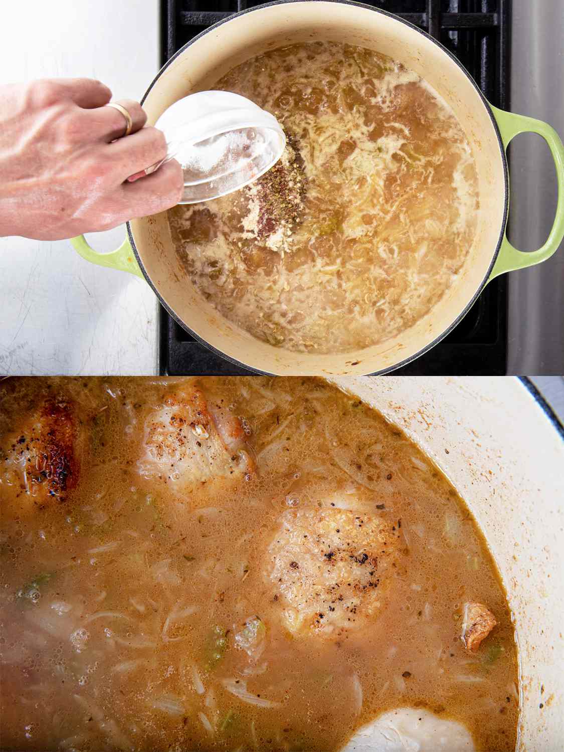 两幅图像拼贴。上图:香料加入煮沸的高汤中。下图:鸡肉煮熟的特写，显示鸡肉块大部分浸在水中